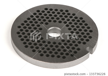 Dark Metal Perforated Grinding Plate for Meat Mincer Isolated on White 133736226