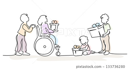 Vector illustration of a boy giving a present to a little disabled girl in a wheelchair. Vector illustration of a boy giving a present to a little disabled girl in a wheelchair. 133736280