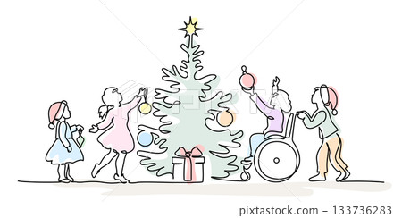 Child in wheelchair decorates a Christmas tree together with friend. 133736283