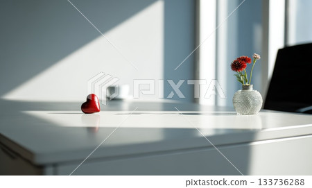 Bright Minimal Office Desk With Red Heart Ornament And Glass Vase Of Flowers Bright Minimal Office Desk With Red Heart Ornament And Glass Vase Of Flowers 133736288