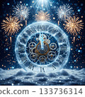 Ice clock dial: Futuristic New Year countdown with fireworks 133736314