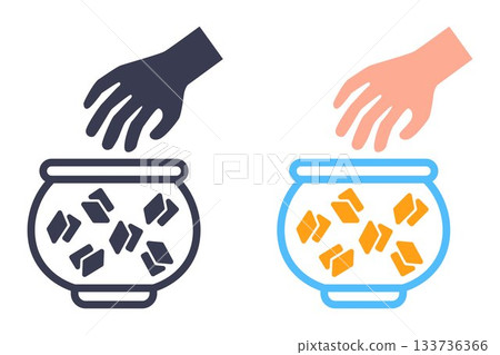 Black icon of pulling a lottery ticket out of a box. Black icon of pulling a lottery ticket out of a box. 133736366