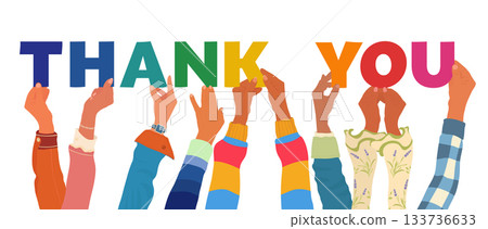 Diverse raised hands lifting colorful letters together to create a vibrant inclusive Thank You message 133736633
