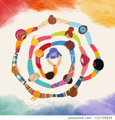 Aerial view of people forming a colorful spiral symbolizing unity diversity and human connection Aerial view of people forming a colorful spiral symbolizing unity diversity and human connection 133736634