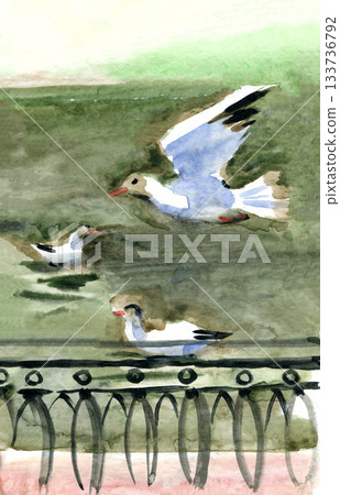 Watercolor painting of seagulls resting and flying above calm water near a railing. Gentle tones create a peaceful coastal mood. Suitable for nautical themes, prints, cards, travel designs and 133736792