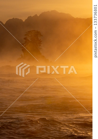 神秘的暴風雨海面和岩石上女子的剪影_豎圖 133736801