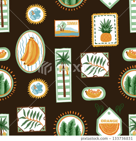 Seamless tropic fruits vector pattern with summer labels, palm trees and decorative frames 133736831