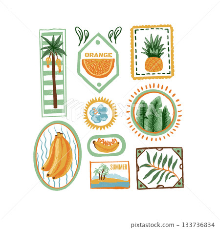 Tropic fruits vector isolated badges with banana orange pineapple palm leaf summer illustrations 133736834
