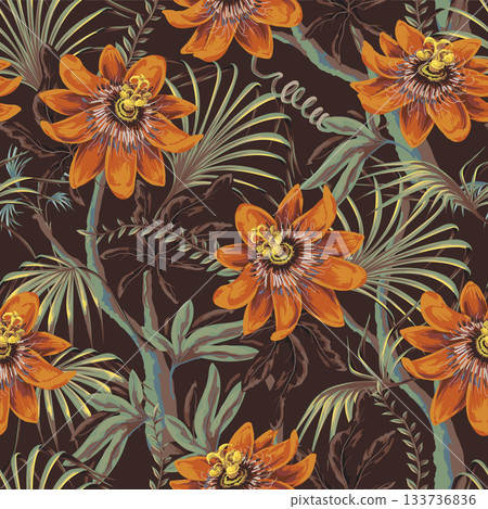 Passiflora tropical flower vector seamless pattern with exotic leaves and jungle plants 133736836