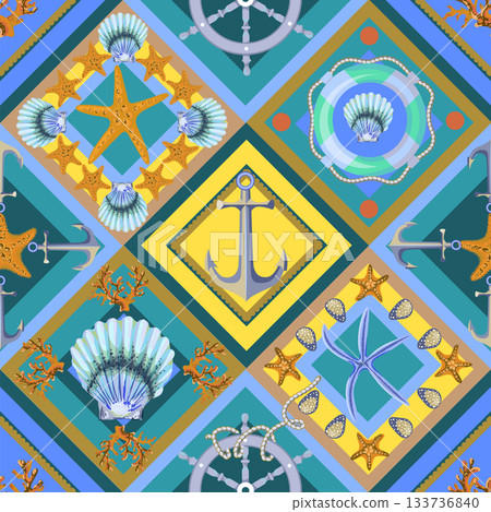 Summer marine anchor and seashells pattern in colorful geometric squares vector seamless design Summer marine anchor and seashells pattern in colorful geometric squares vector seamless design 133736840