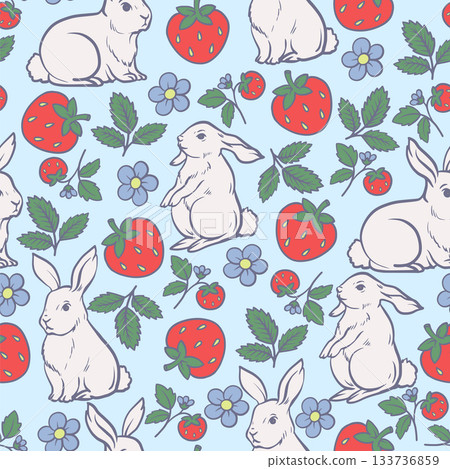 Cute rabbit and strawberry seamless vector pattern with floral stripes spring design 133736859