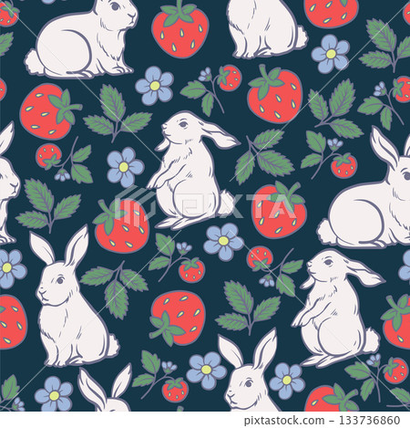 Cute rabbit and strawberry seamless vector pattern with floral stripes spring design 133736860