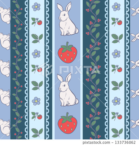 Cute rabbit and strawberry seamless vector pattern with floral stripes spring design 133736862