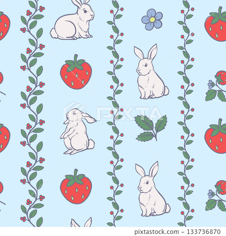 Cute rabbit and strawberry seamless vector pattern with floral stripes spring design Cute rabbit and strawberry seamless vector pattern with floral stripes spring design 133736870