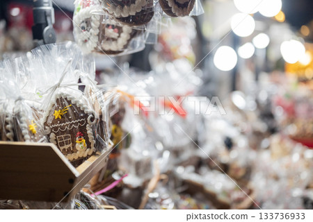 Delicious icing gingerbread cookies at the Christmas market for the New Year in Gdansk, Poland 133736933