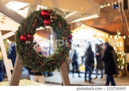 Christmas decorations on display at a New Year's fair. 133736945