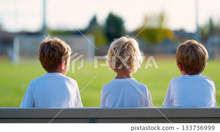 Kids Sitting on Bench at Sports Field Kids Sitting on Bench at Sports Field 133736999
