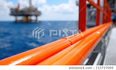 Bright Orange Metal Railings on Offshore Structure with Oil Rig in Soft Background Bright Orange Metal Railings on Offshore Structure with Oil Rig in Soft Background 133737009