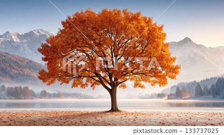 Majestic Autumn Tree by Mountain Lake in Early Frosty Morning Light Majestic Autumn Tree by Mountain Lake in Early Frosty Morning Light 133737025