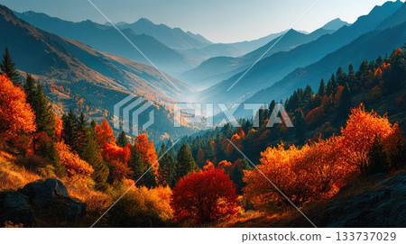 Mountain Valley Covered in Vibrant Autumn Forest Colors Mountain Valley Covered in Vibrant Autumn Forest Colors 133737029