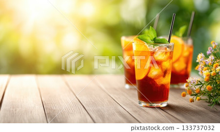 Refreshing Iced Tea with Citrus and Herbs in Summer Sunlight 133737032