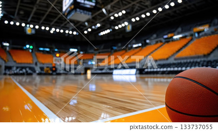 Professional Basketball Court Interior with Ball in Focus 133737055