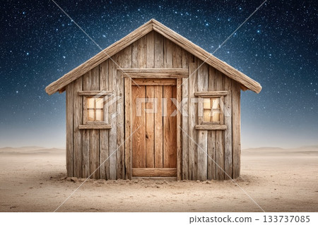 Rustic Wooden Cabin in Desert Landscape Under Starry Night Sky 133737085
