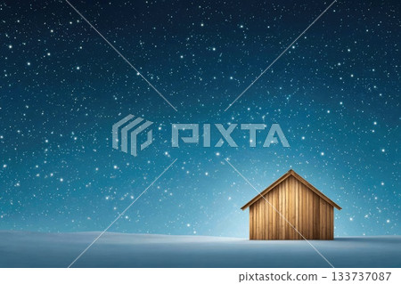 Cozy Wooden Cabin in Snowy Landscape Beneath Star-Filled Winter Sky 133737087