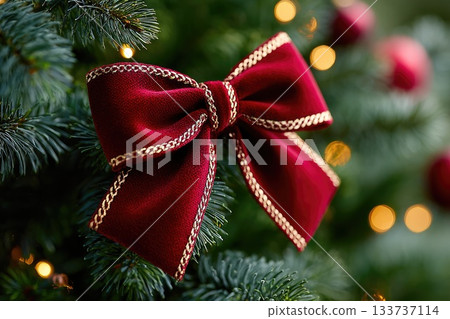 Red velvet Christmas bow on evergreen tree with warm lights Red velvet Christmas bow on evergreen tree with warm lights 133737114