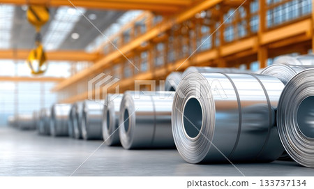 Shiny Steel Coils Arranged in Bright Industrial Warehouse Shiny Steel Coils Arranged in Bright Industrial Warehouse 133737134