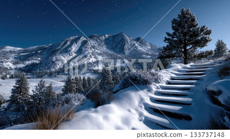 Snowy Mountain Steps at Night Snowy Mountain Steps at Night 133737148