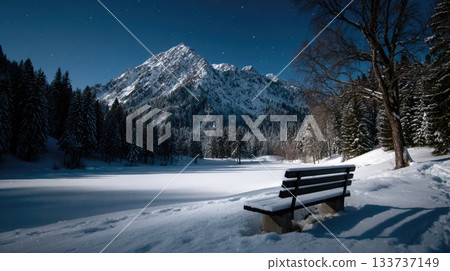Bench by Frozen Lake in Mountains Bench by Frozen Lake in Mountains 133737149