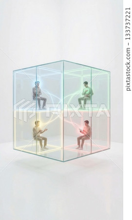 workers seated inside glowing glass cube compartments linked by neon lines on minimal white background copyspace concept of business communication remote workers seated inside glowing glass cube compartments linked by neon lines on minimal white background copyspace concept of business communication remote 133737221