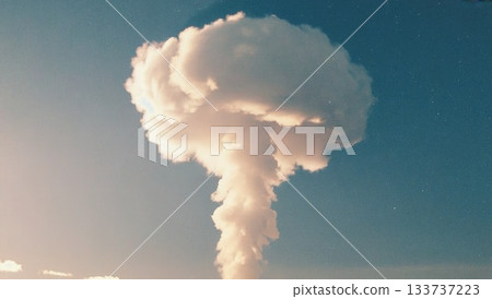 towering mushroom column rising above horizon under clear sky ominous plume suggesting catastrophe threat warfare copyspace concept of security geopolitics energy 133737223