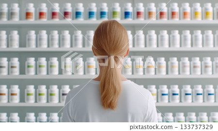 Back View of Woman Looking at Organized Rows of Supplement Bottles Back View of Woman Looking at Organized Rows of Supplement Bottles 133737329