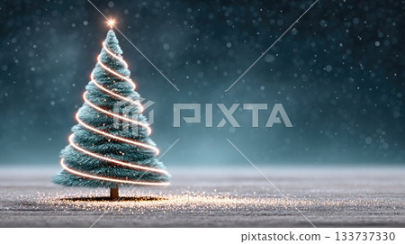 Festive Christmas Tree with Glowing Spiral Lights in Winter Atmosphere 133737330