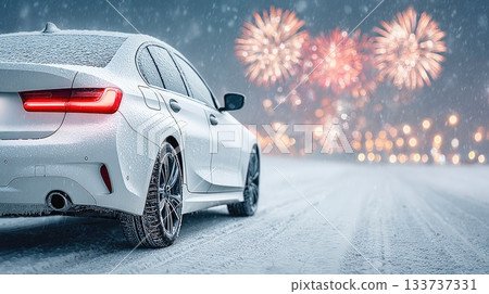 White Car on Winter Road with Fireworks in the Snowy Night Sky White Car on Winter Road with Fireworks in the Snowy Night Sky 133737331
