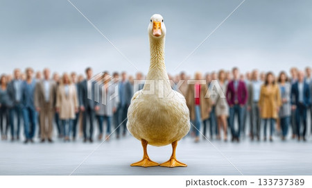 Confident Goose Standing Alone in Front of a Large Blurred Crowd 133737389