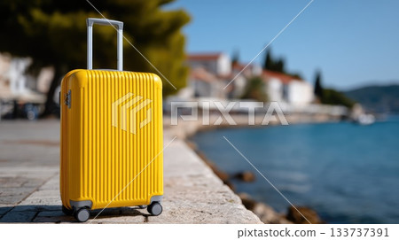 Bright Yellow Suitcase by the Seaside Promenade on a Sunny Day Bright Yellow Suitcase by the Seaside Promenade on a Sunny Day 133737391