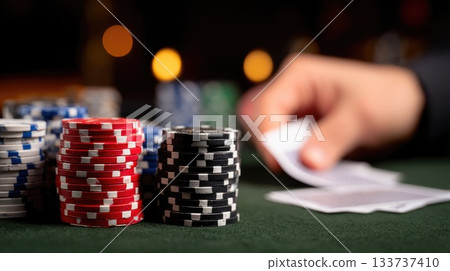 Colorful Poker Chips and Playing Cards on Casino Table During High-Stakes Game 133737410