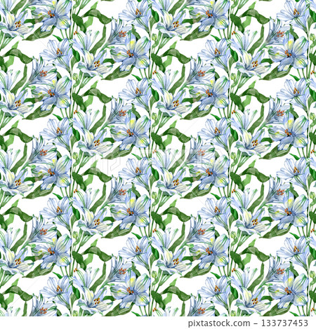 Seamless watercolor pattern with elegant white and blue alstroemeria flowers and fresh green leaves. A delicate botanical design perfect for textiles, packaging, wallpapers, stationery and surface 133737453