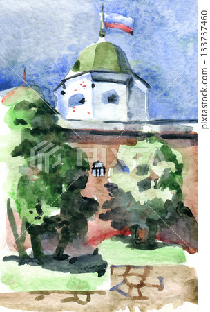 Expressive watercolor illustration of Vyborg s St. Olaf s Tower with historic architecture, greenery, and the Russian flag. Atmospheric artistic view suitable for travel materials, cultural projects 133737460