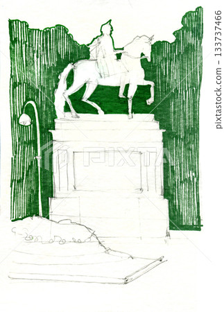 Detailed linear sketch of an equestrian monument with expressive hand-drawn shading and architectural pedestal elements. Artistic urban illustration suitable for cultural projects, travel materials Detailed linear sketch of an equestrian monument with expressive hand-drawn shading and architectural pedestal elements. Artistic urban illustration suitable for cultural projects, travel materials 133737466