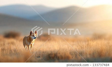 Wild dog walking in dry field during golden sunset light 133737484