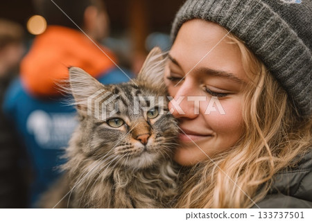 Young Woman Hugging Cat Outdoors Young Woman Hugging Cat Outdoors 133737501