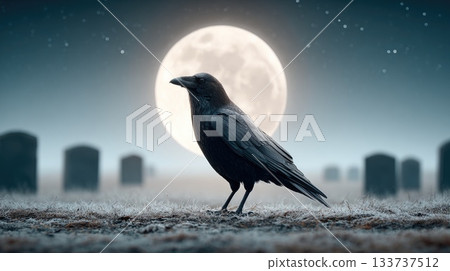 Raven in Cemetery with Full Moon Night Sky Raven in Cemetery with Full Moon Night Sky 133737512