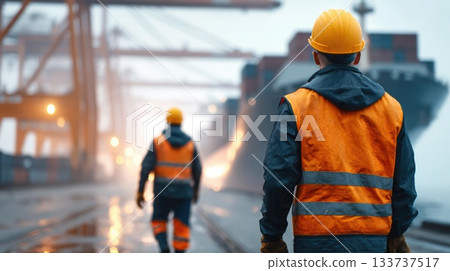 Industrial Workers at Cargo Port in the Morning Fog Industrial Workers at Cargo Port in the Morning Fog 133737517