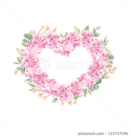 Floral heart shape. Pink rose wreath composition template. Love frame for Valentine's Day. Watercolor illustration isolated from background. Affectionate bud of blossom flower for wedding, holidays 133737596