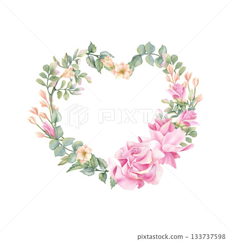 Floral heart shape frame. Leaves, delicate pink rose wreath, template. Love concept of Valentine's Day, Rustic style. Watercolor illustration isolated from background. Affectionate flower for wedding Floral heart shape frame. Leaves, delicate pink rose wreath, template. Love concept of Valentine's Day, Rustic style. Watercolor illustration isolated from background. Affectionate flower for wedding 133737598
