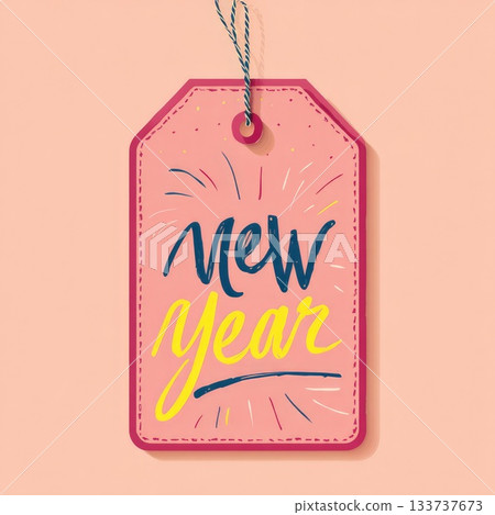 Creative design of a New Year's label with colorful handwritten text "New Year" on a pink background Creative design of a New Year's label with colorful handwritten text "New Year" on a pink background 133737673